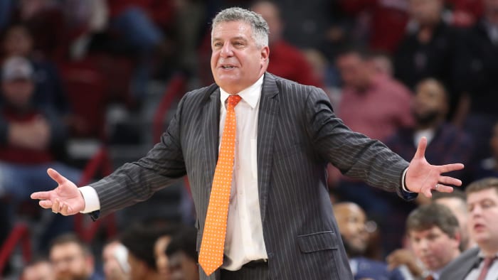 Auburn Tigers head coach Bruce Pearl reacts during the game against the Arkansas Razorbacks at Bud Walton Arena. Auburn won 79-76.